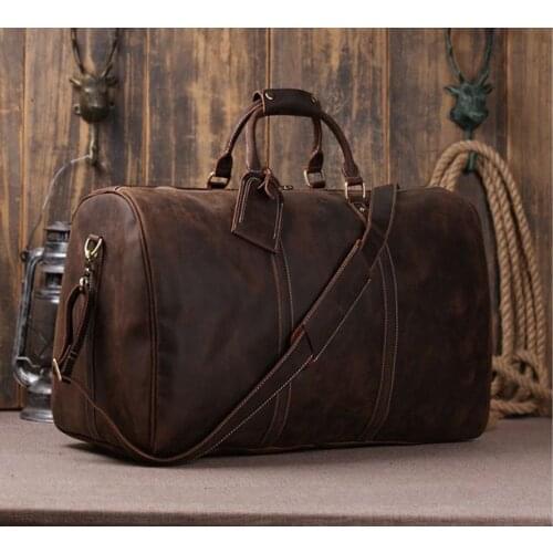 Boston Crazy Horse Leather Men Travel Bags Luggage Travel Bag Large Genuine leather Duffle Bag Men Weekend Big Shoulder Bag