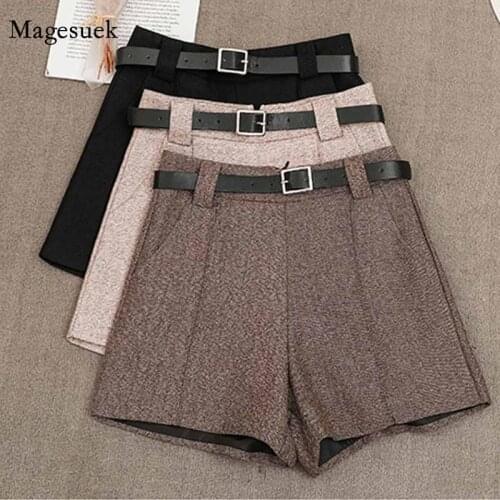 Women 2020 New Fashion Winter High Waist Slim A-line Casual Shorts Wide Leg Pants Shorts with Belt Woolen Cloth Shorts 11613