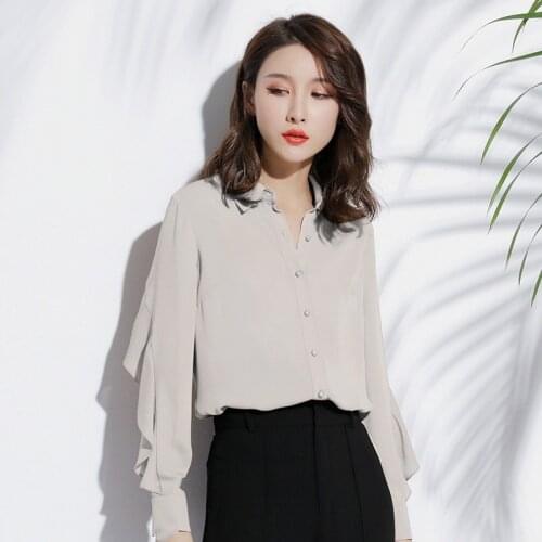 Female Cardigans Office Wear Spring Women OL Long Sleeve Ruffle Top Chic Girls Shirt Thin Slim Ladies Chiffon Blouse Big Size