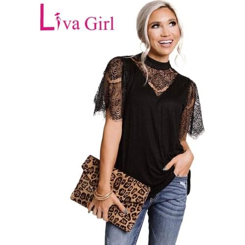 LIVA GIRL Casual Black Breaking News Lace Top Woman 2021 Summer Solid Short Sleeve Tops Female Sexy Hollow Out O-neck Clothes