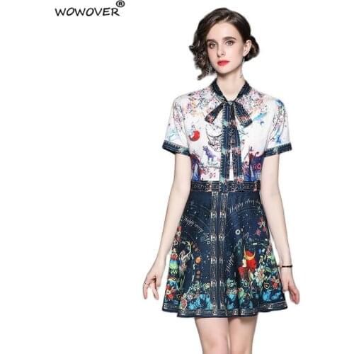 Retro Fashion Runway Bow Collar Print Summer Womens Dresses 2021 Female Clothing Short Sleeve Knee Length Casual Robe Femme