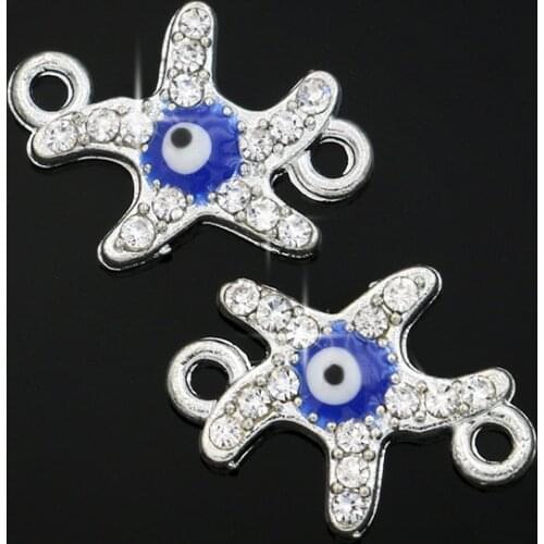 12PCS Silver Plated Enamel Starfish Evil Blue Eye Connectors fit Jewelry Making Bracelet Accessories DIY Craft 18x13mm