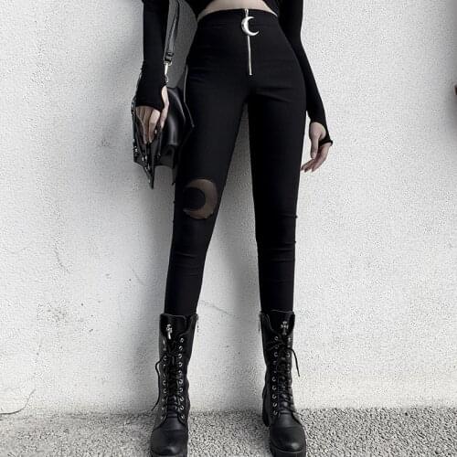 2021 Women Dark Goth Aesthetic Vintage Clothes Woman Gothic Pencil Pants Black Crescent Zipper High Waist Plus Size Long Pant