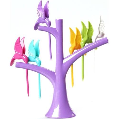 6pcs Set Plastic Party Forks Reusable Fruit Toothpick Tree Shape Holder Rack