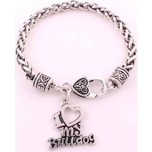 Antique Silver Plated Bulldog Charm I Love Dogs Bracelet Gifts for Dog Lovers