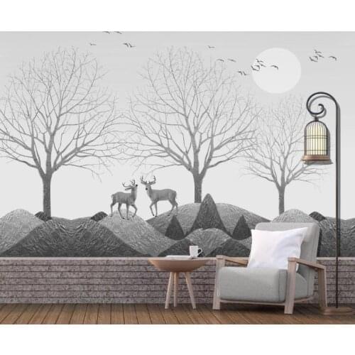Bacal Custom 3D mural wall paper Modern White black Tree Bird Elk Art Background Wall decor painting photo wallpaper for walls