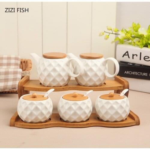 7Pcs Bamboo Wood Chinese Ceramics Condiment spherical Spice Jars Set Salt Pepper Shakers Seasoning Sprays Cooking Kitchen Tool