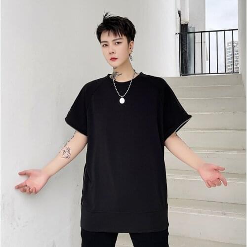 Summer dark side zipper stitching design Korean mens loose solid color short sleeve T-shirt youth fashion