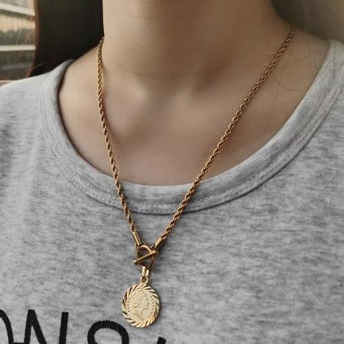 Round Elizabeth Pendant Necklace for Women Girls 3mm Rope Link Chain Toggle Clasp Gold Color Female Jewelry Gifts 22inch DDN225