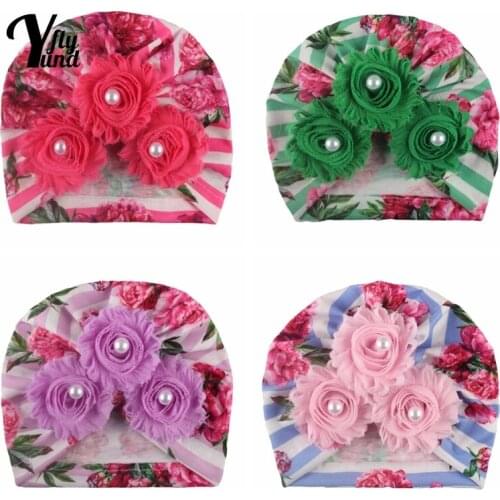 Yundfly Lovely Striped Print Baby Girl Turban Hat Vintage Handmade Flowers Toddler Beanie Cap Children Headwear Hair Accessories