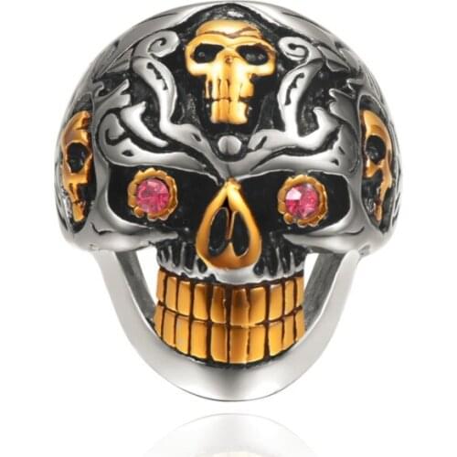 Wholesale stainless steel big gold tooth skull mens finger Biker ring punk rock titanium steel jewelry Halloween gift drop ship
