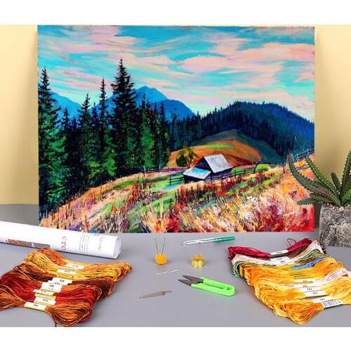 Landscape October Printed Water-Soluble Canvas 11CT Cross-Stitch Set Embroidery DMC Threads Hobby Craft Handicraft Decor