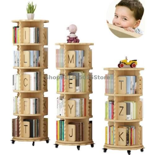 Solid Wood Rotating Bookshelf Mobile Floor Simple Childrens Picture Book Storage Rack Shelf 360-degree Rotating Small Bookcase