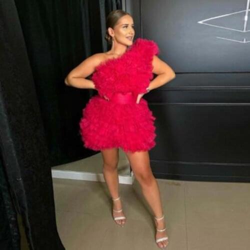 2020 Hot Sale Tiered Tulle Puffy Short Formal Dress Elegant One Shoulder Rose Red Party Dresses Custom Made Short Prom Gown