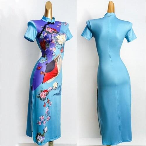 Latin Dance Performance Clothes Women Cheongsam Blue Print Slit Dress Prom Wear Tango Rumba Ballroom Dance Dress Adult VDB3058