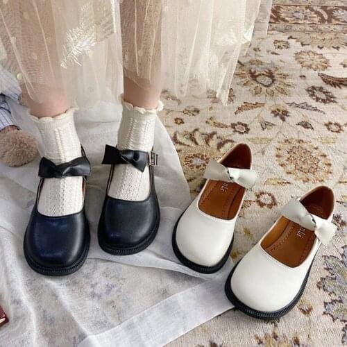 Lolita Shoes Bowtie Mary Janes Shoes For Girls Round Toe Low Heels Leather Casual Shoes Retro Buckle Strap Women Flats 8992N