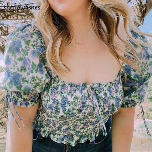 Vintage Blouses Women Floral Shirt Summer Square Neck Puff Sleeve Top Corset Korean Blouse Ruffle Elastic Cropped Shirt Bow Tie