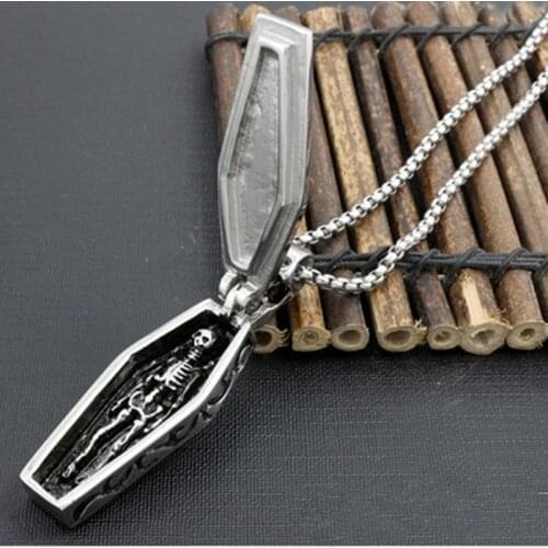 Stainless Steel Vintage Steampunk Coffin Vampire Skull Human Skeleton Gothic Pendant Necklace with Chain Black Chains
