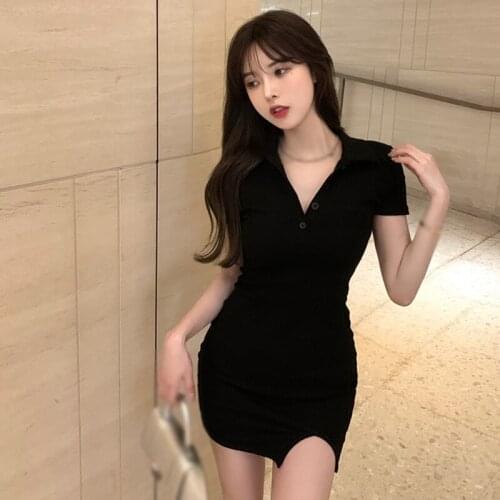 Women Short-sleeve Dress Spring Summer Solid Color Turn-down Collar Slim Clothing New Lady Casual Split Hip Dresses
