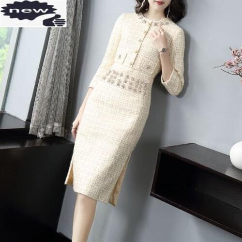 Elegant Autumn Tweed Women Diamonds Slim Fit Wrap Twill Dresses Office Ladies Brand Vintage Bodycon Crystal Party Dress