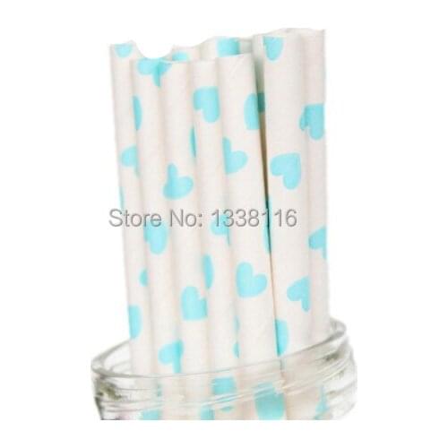 100pcs Light Blue Heart Striped Paper Drinking Straws,For Birthday Wedding Party Decoration Supplies