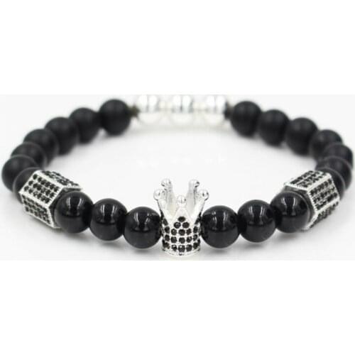 8mm ut3 gold silver micro pave cz zircon cubic zirconia Bracelet adjusted bead Crown black stone volcanic lava Bangles