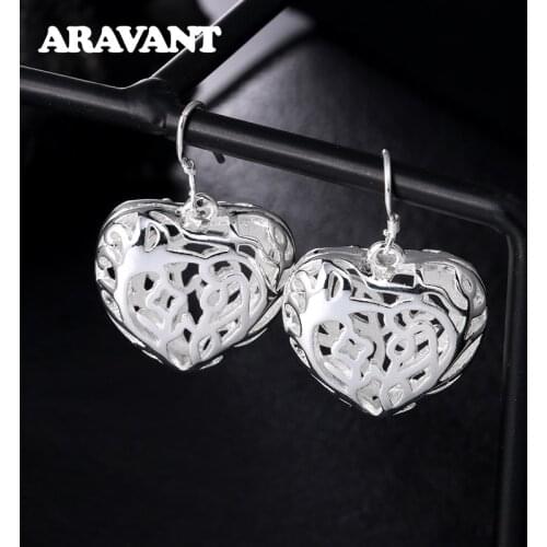 925 Silver Hollow Heart Drop Earrings For Women Wedding Silver Pendientes Jewelry Gift