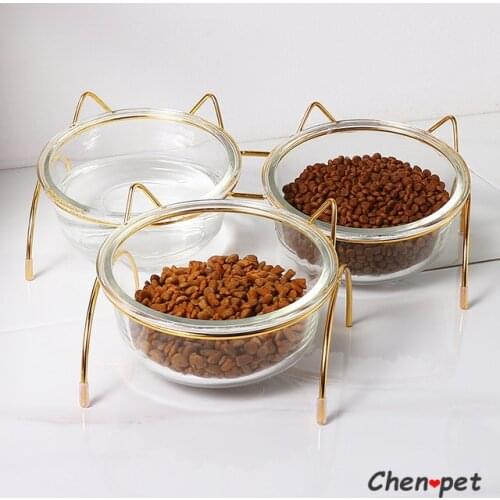 Cat Accessories Pet Cute Pet Food Bowl Glass Dog Double Bowl Pet Bowls with Golden Stand Raised Cat Bowl Ceramic Cat Water Bowl