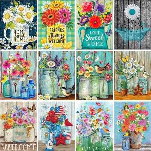 Huacan 5D Diamond Painting Cross Stitch Flower Full Diamond Mosaic Embroidery Vase Text Handmade Gift Decoration For Home