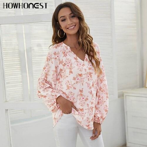 Za Womens Blouses and Shirts Autumn Winter Fashion Lantern Sleeve V-Neck Casual Printed Chiffon Top Female Pullovers T-shirts