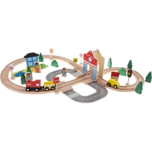 Wooden Railway Set, Vehicles, Construction, 50 Pieces, City Traffic Building Blocks Toy Educational Toy