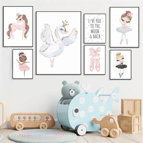 Baby Girl Ballerina Canvas Prints Pink Swan Unicorn Poster Painting Nursery Wall Art Print Ballet Picture Girls Bedroom Decor