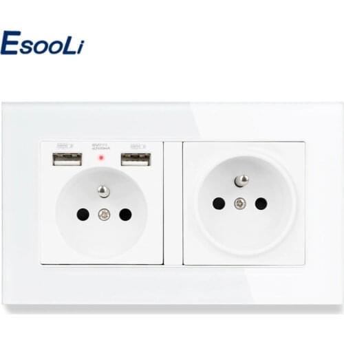 ESOOLI French Standard 2 Gang Socket with 2 USB Charge Port 2 Wall Socket USB Tempered Glass Panel Black White Gold
