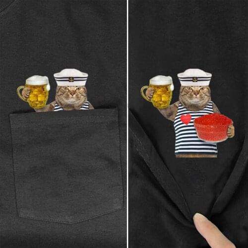 Cotton T-Shirt Fashion Brand Summer Pocket Cat Wine Printed T-shirt Men for Women Shirt Hip Hop Tops Funny Cotton Tees