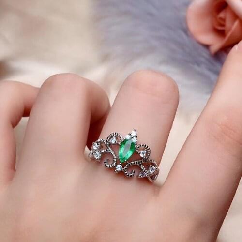 Vintage Silver Crown Emerald Ring 4mm * 6mm Natural Emerald Silver Ring for Party Solid 925 Silver Emerald Jewelry