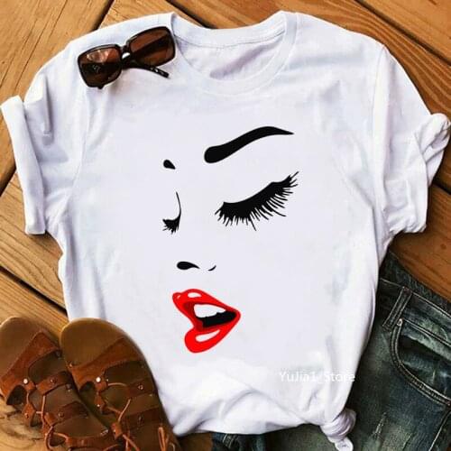 Cool Makeup Print T-Shirt WomenS Clothing White Sexy Casual Tshirt Femme Summer Fashion Tops Tee Shirt Female Harajuku Shirt