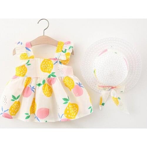 Summer Baby Dresses For Girls Lemon Print Dress With Bow Hat 2Pcs/set Toddler Kids Clothes Outfits Princess Party Dress