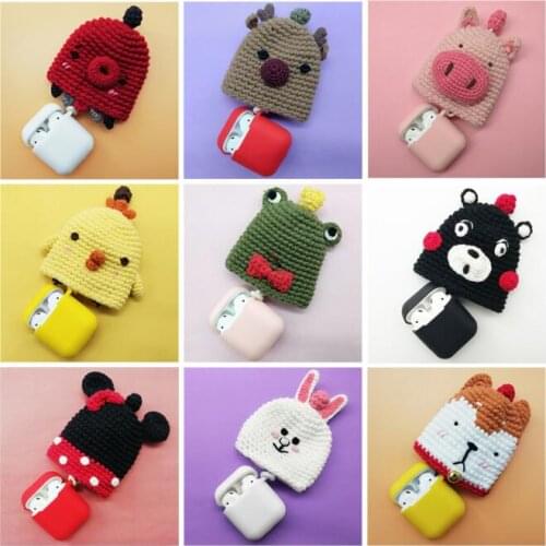 Cartoon Woolen Case for AirPods with Annti-lost Strap Protective Knitted Earphone Cover Wireless Headphone Charger Silicone Bag