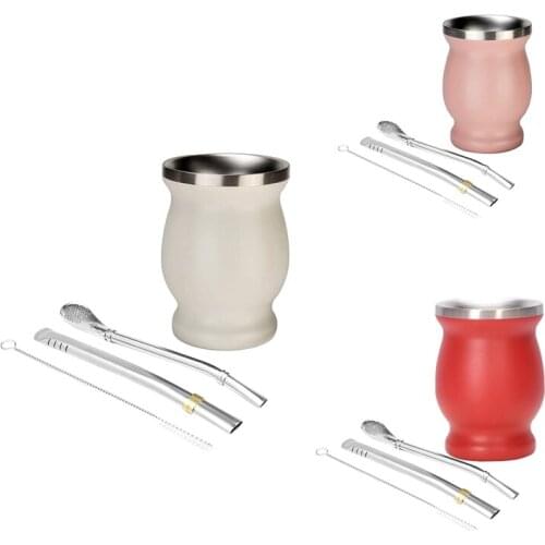 Double-Wall Stainless Yerba Mate Gourd Tea Cup Set Coffee Water Cup with 2 Bombillas Straws Spoon ＆ Clean Brush