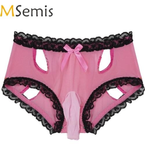Lingerie Sissy for Mens Low Waist Elastic Waistband Bulge Pouch Underwear Sexy Erotic Hollow Out Lace Trim Sissy Briefs Panties