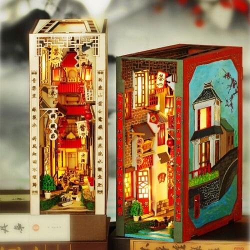 New DIY Book Nook Chinese Water Town Building Wooden Bookend Bookshelf Insert Bookcase Decor With Light Kit Dollhouse Toy Gift