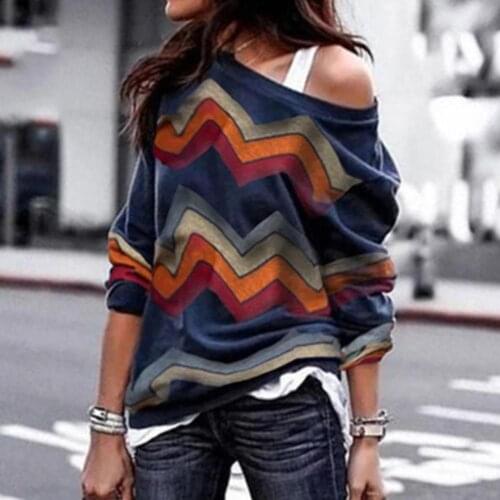 2019 Autumn Off Shoulder Tshirts Women Sexy T Shirt Female Tee Shirt Femme Loose T-Shirt Ladies Women Striped Print Female Tops