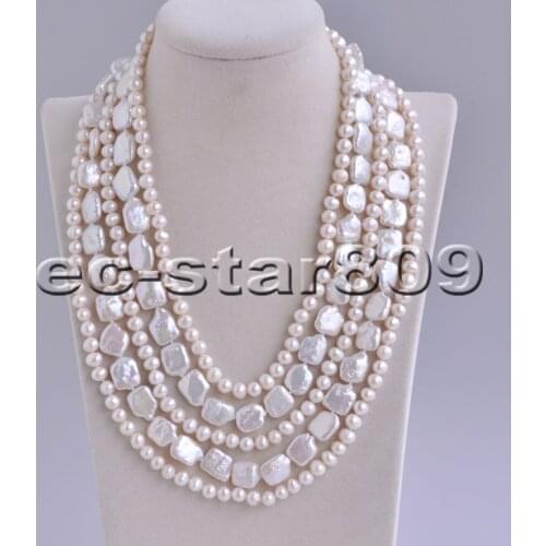 P6656 5row 19" 12mm White Square Coin Freshwater Pearl Necklace Choker