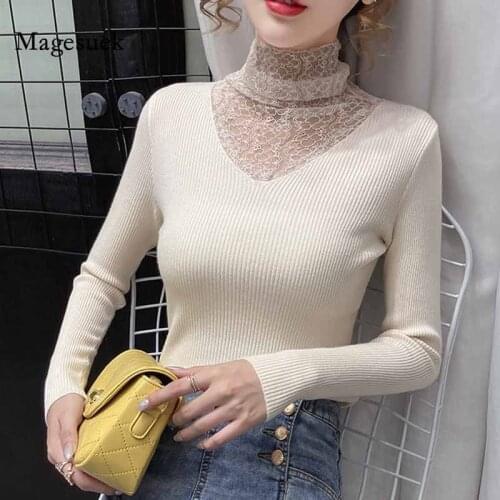 Casual Lace Spliced Jumper White Turtleneck Sweater Women Winter Slim Knitted Sweater Long Sleeve Pullover Women Sweaters 11588
