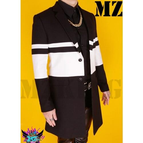 S-4xl ! Male Singer Brushed Black White Wool Coat Hit Color Windbreaker Officiating Performances Costumes Stage Clothes Cothing
