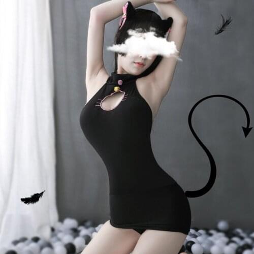 Sexy Lingerie Female Uniform Hollow Bell Temptation Hanging Neck Strap Cosplay Sexy Hollow Cat Suit