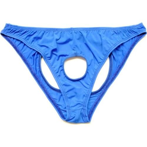 Male Sexy Gay Briefs Hole Open Crotch Thongs G Strings Panties Mens Ice Silk Underpant Exotic Lingerie Underwear Jockstrap Cueca