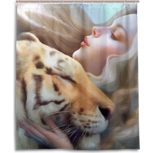 Fantasy Girl with Tiger Waterproof Polyester Fabric Bathroom Shower Curtain