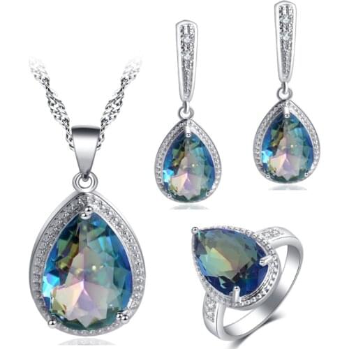 ROLILASON For women Water Drop Design 925 Silver Colorful blue Zircon Earrings Necklace Rings Jewelry Sets JS737