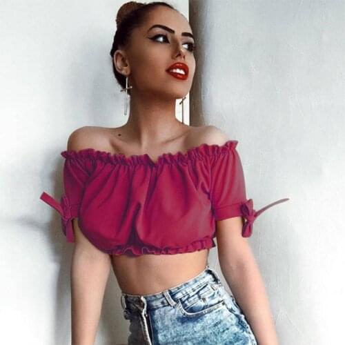 Short sleeve White Women Shoulder Bow Fashion Tanks Tees 2020 Solid Tops Beach The Sexy 20018 Style Shorts Black Casual Off Shir